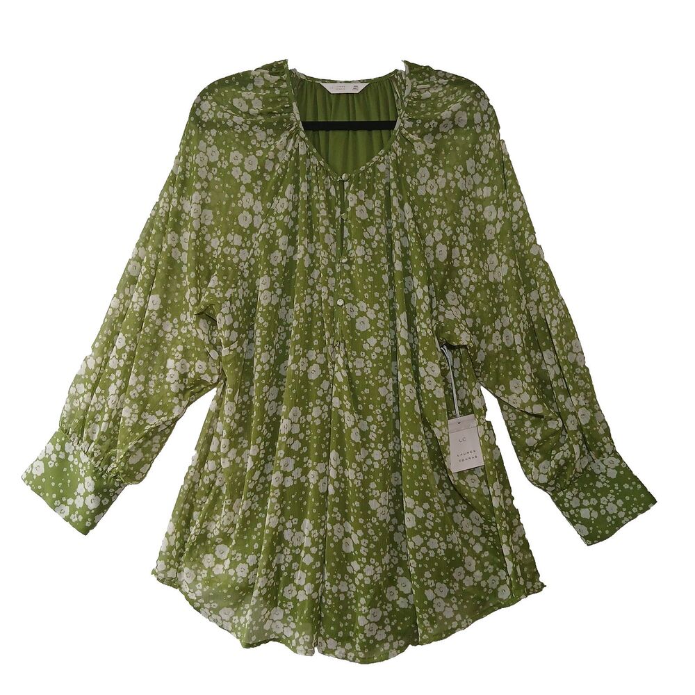 NWT LC Lauren Conrad Women XXL Floral Green Long Sleeve Blouse Lined #919